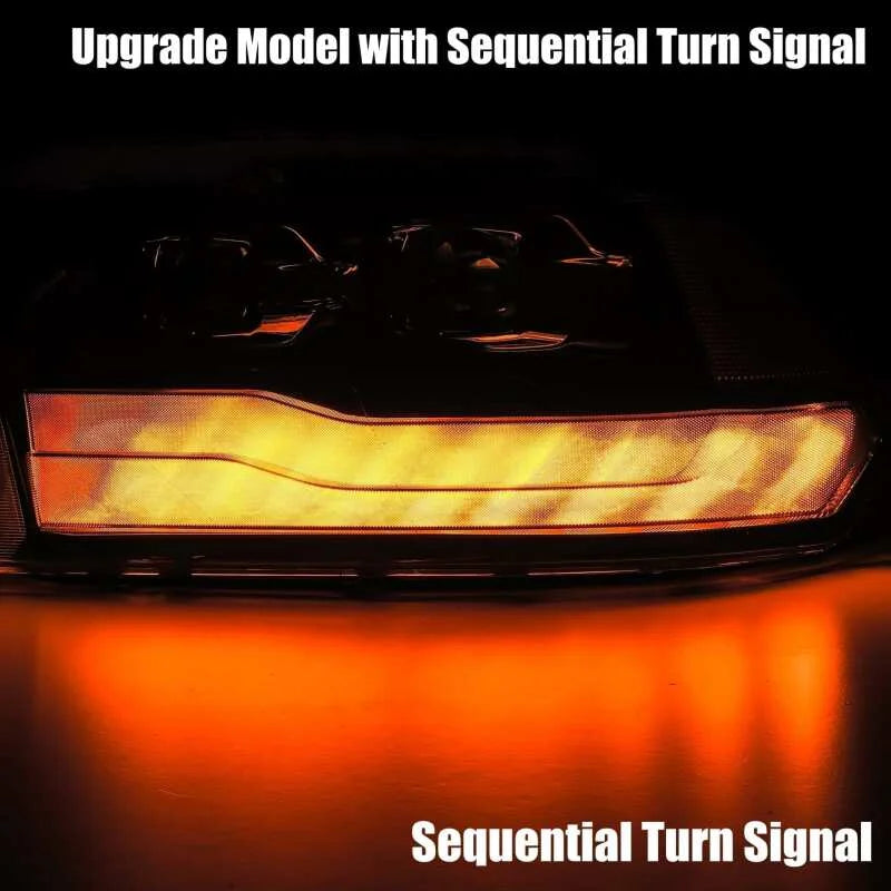 AlphaRex 09-18 Dodge Ram 1500HD LUXX LED Proj Headlights Plnk Style Blk w/Activ Light/Seq Signal/DRL - Back View