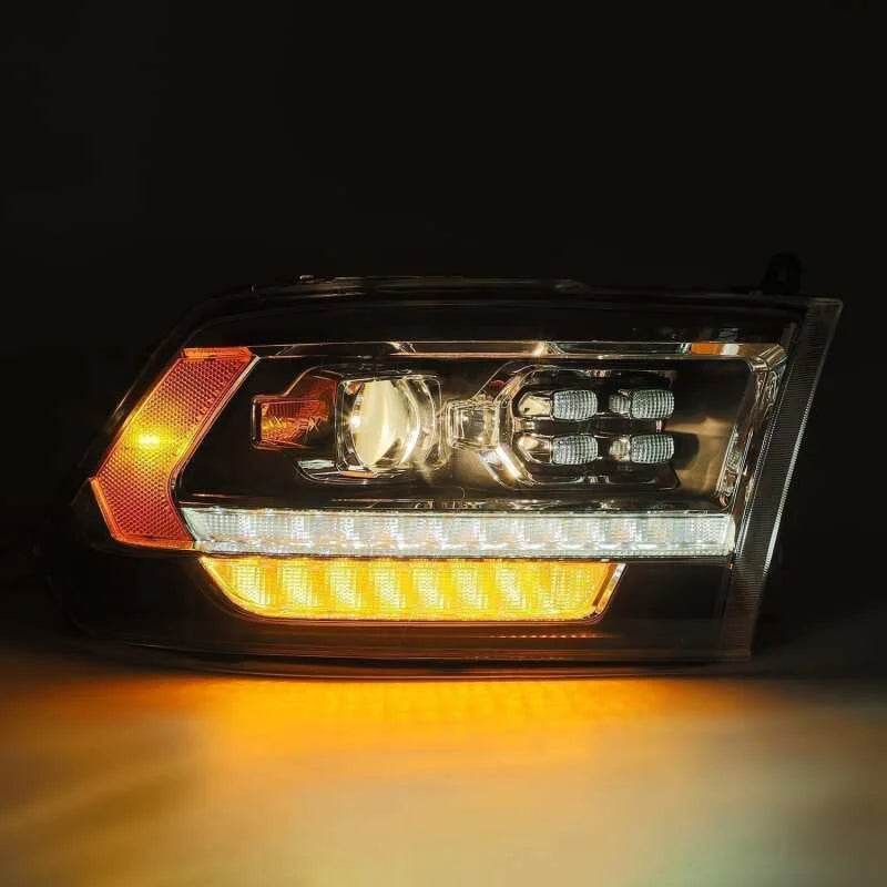 AlphaRex 09-18 Dodge Ram 2500 LUXX LED Proj Headlights Plank Style Black w/Activ Light/DRL - Installation View