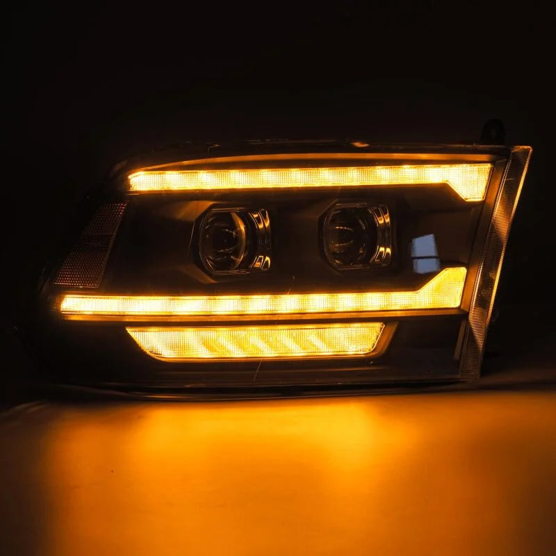 AlphaRex 09-18 Ram 1500/2500 PRO-Series Proj Headlights Black w/Sequential Signal and Top/Middle DRL - Back View