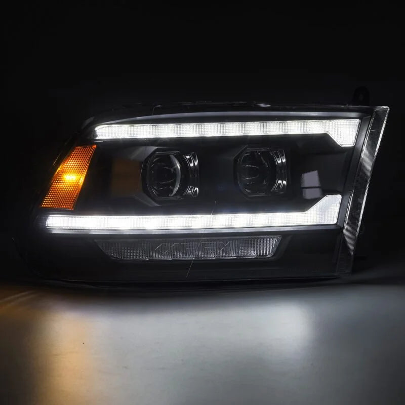 AlphaRex 09-18 Ram 1500/2500 PRO-Series Proj Headlights Black w/Sequential Signal and Top/Middle DRL - Installation View