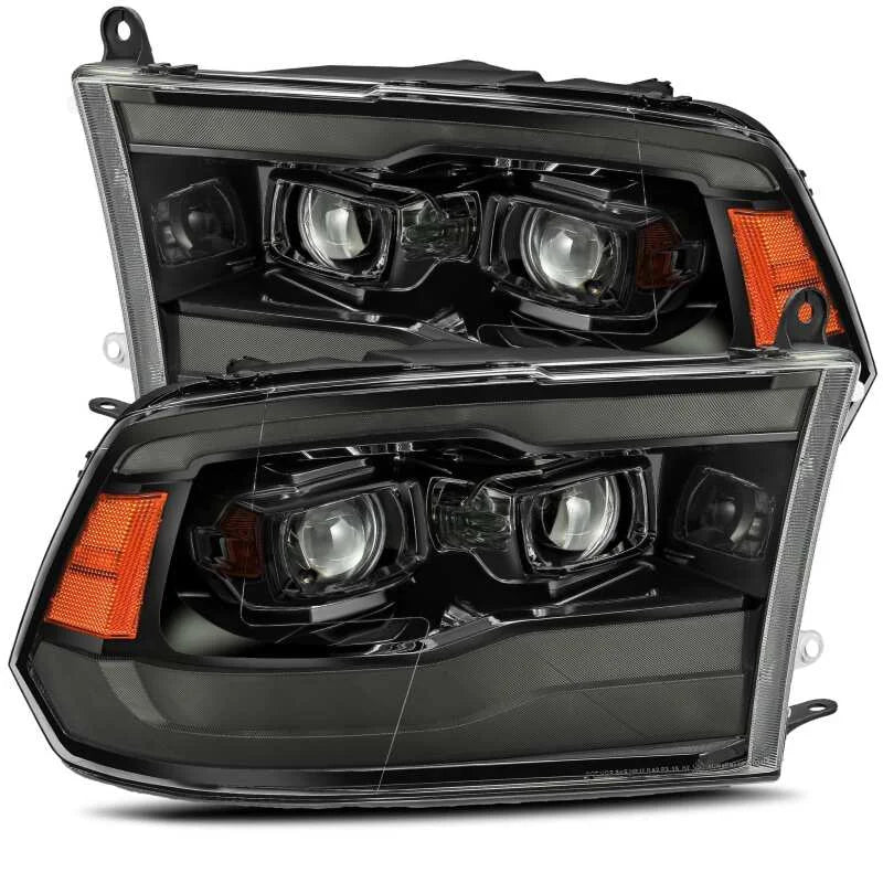 AlphaRex 09-18 Ram 1500HD LUXX Proj Headlight Plnk Style Jet Blk w/Activ Light/Seq Signal/Smoked DRL - Side View