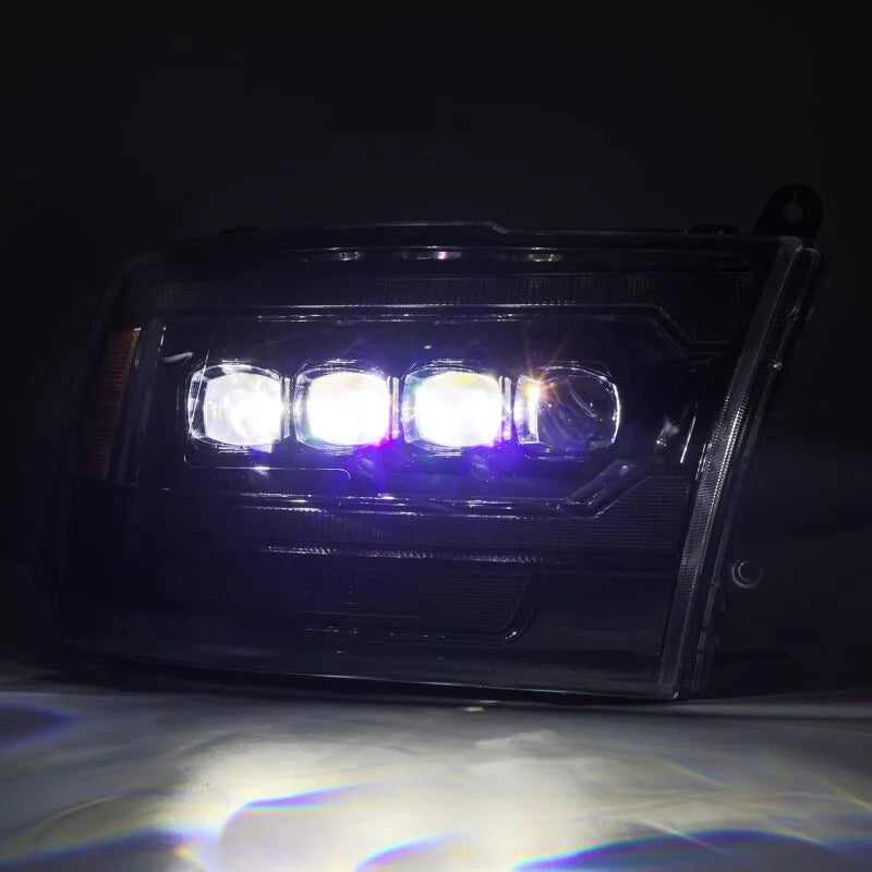 AlphaRex 09-18 Ram 2500 NOVA LED Proj Headlights Plank Style Alpha Blk w/Activ Light/Seq Signal/DRL - Installation View