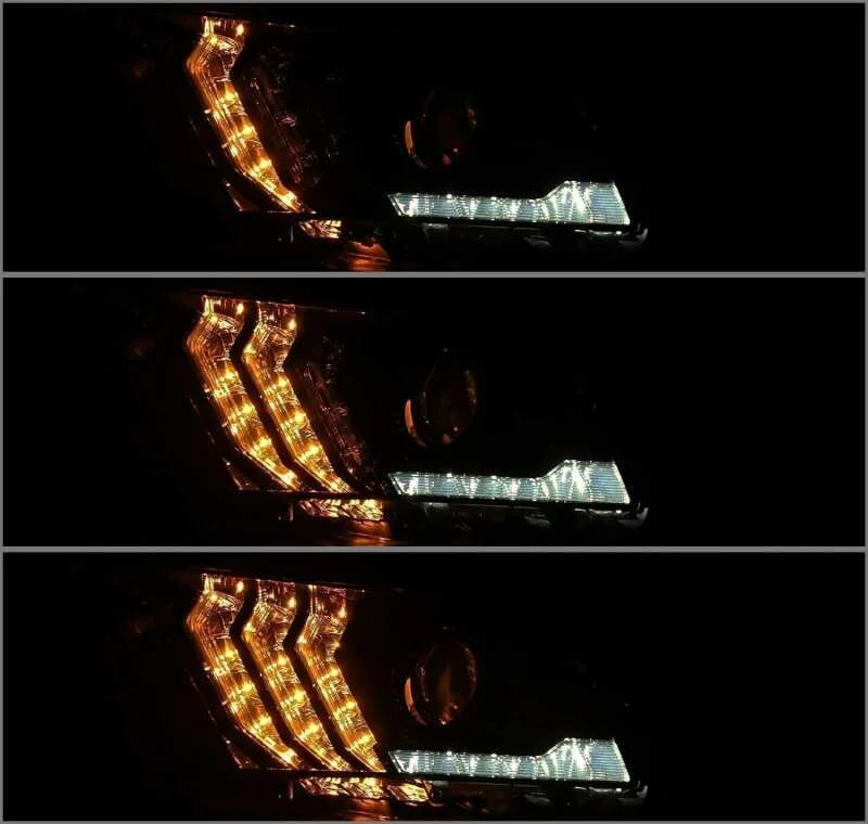 AlphaRex 10-12 Ford Mustang LUXX LED Proj Headlights Plank Style Alpha Blk w/Activ Light/Seq Signal - Side View
