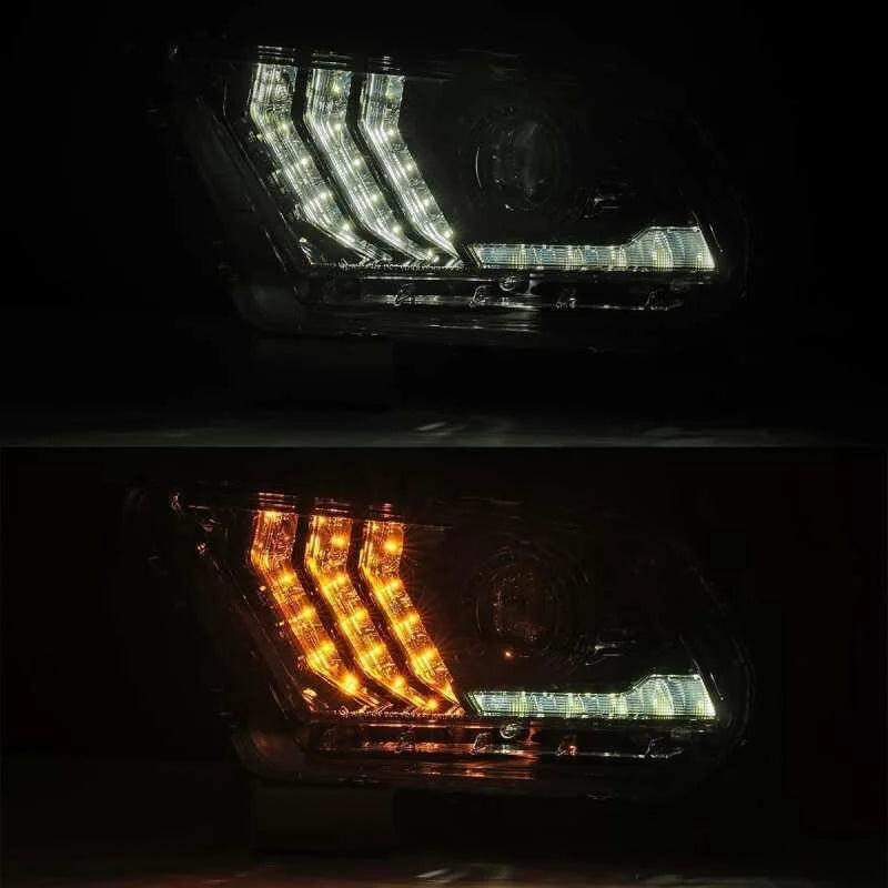 AlphaRex 10-12 Ford Mustang LUXX LED Proj Headlights Plank Style Alpha Blk w/Activ Light/Seq Signal - Installation View