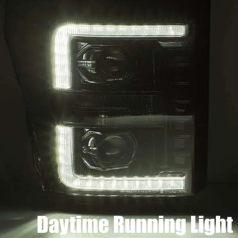AlphaRex 11-16 Ford F-250 SD PRO-Series Projector Headlights Plank Style Alpha Black w/Seq Signal - Side View