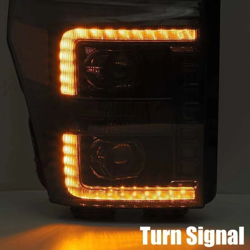 AlphaRex 11-16 Ford F-250 SD PRO-Series Projector Headlights Plank Style Design Chrome w/Seq Signal - Back View