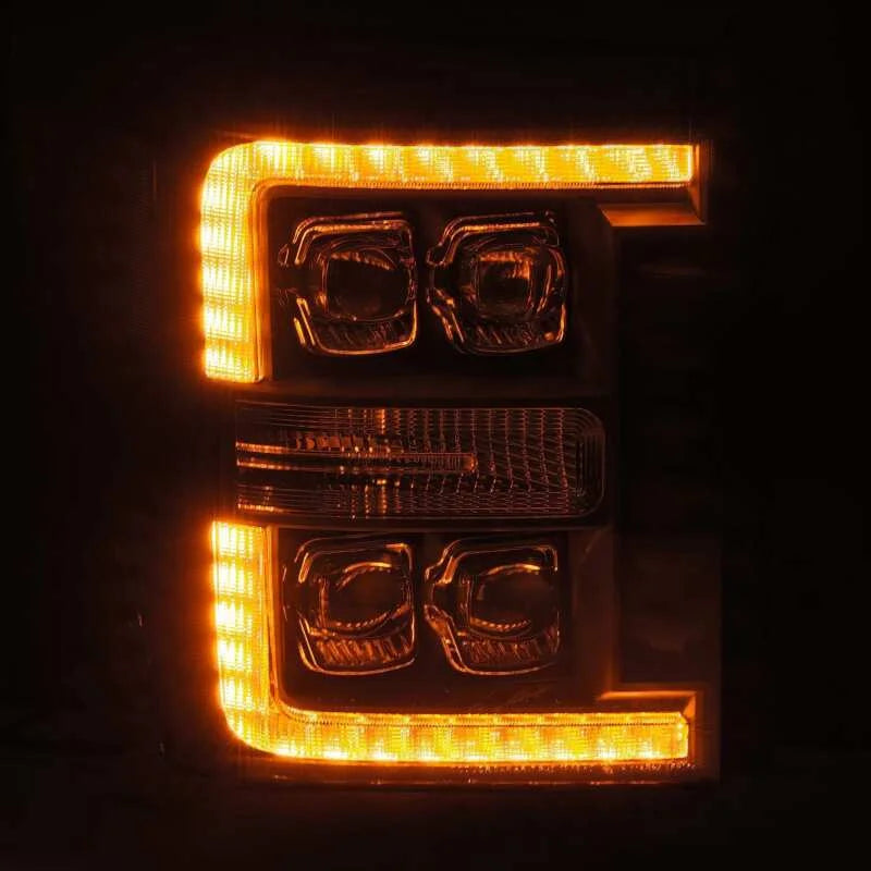 AlphaRex 11-16 Ford F-350 SD NOVA LED Projector Headlights Plank Style Blk w/Activ Light/Seq Signal - Installation View