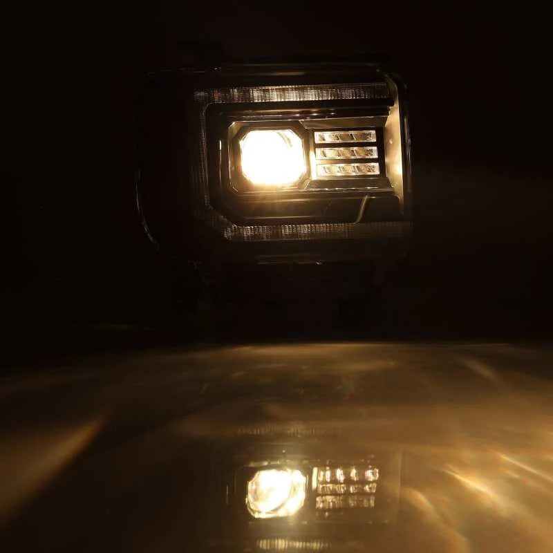 AlphaRex 14-18 GMC Sierra PRO-Series Proj Headlights Plank Style Black w/Activ Light/Seq Signal/DRL - Installation View