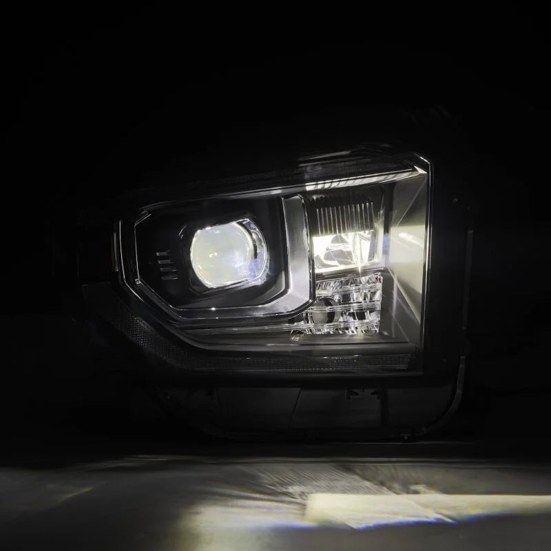 AlphaRex 14-21 Toyota Tundra LUXX-Series LED Proj Headlights Blk w/Actv Light & Seq. Sig + DRL - Installation View