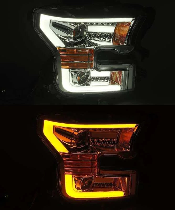 AlphaRex 15-17 Ford F-150 PRO-Series Projector Headlights Plank Style Chrm w/Activ Light/Seq Signal - Detail View