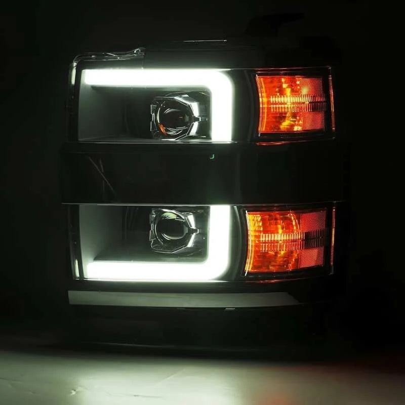 AlphaRex 15-19 Chevy 2500HD PRO-Series Proj Headlights Plank Jet Blk w/Activ Light/Seq Signal/DRL - Installation View