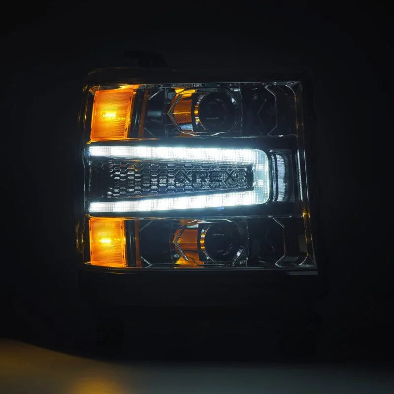 AlphaRex 16-18 Chevy 1500HD LUXX LED Proj Headlights Chrome w/Seq Actv Lgt / Seq Sig (Req PN 810023) - Back View