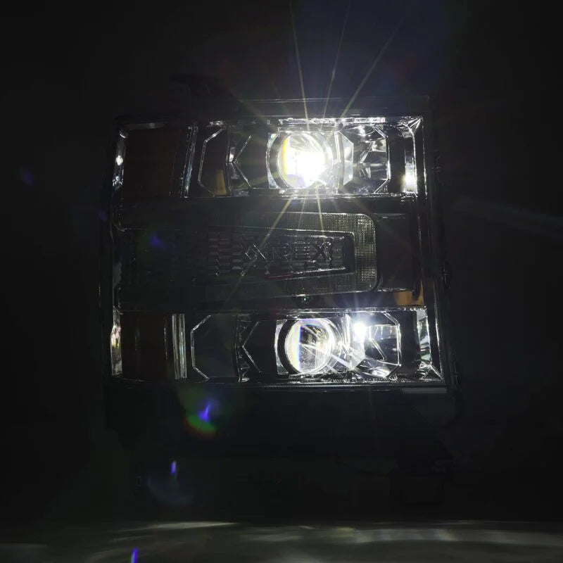 AlphaRex 16-18 Chevy 1500HD LUXX LED Proj Headlights Chrome w/Seq Actv Lgt / Seq Sig (Req PN 810023) - Installation View
