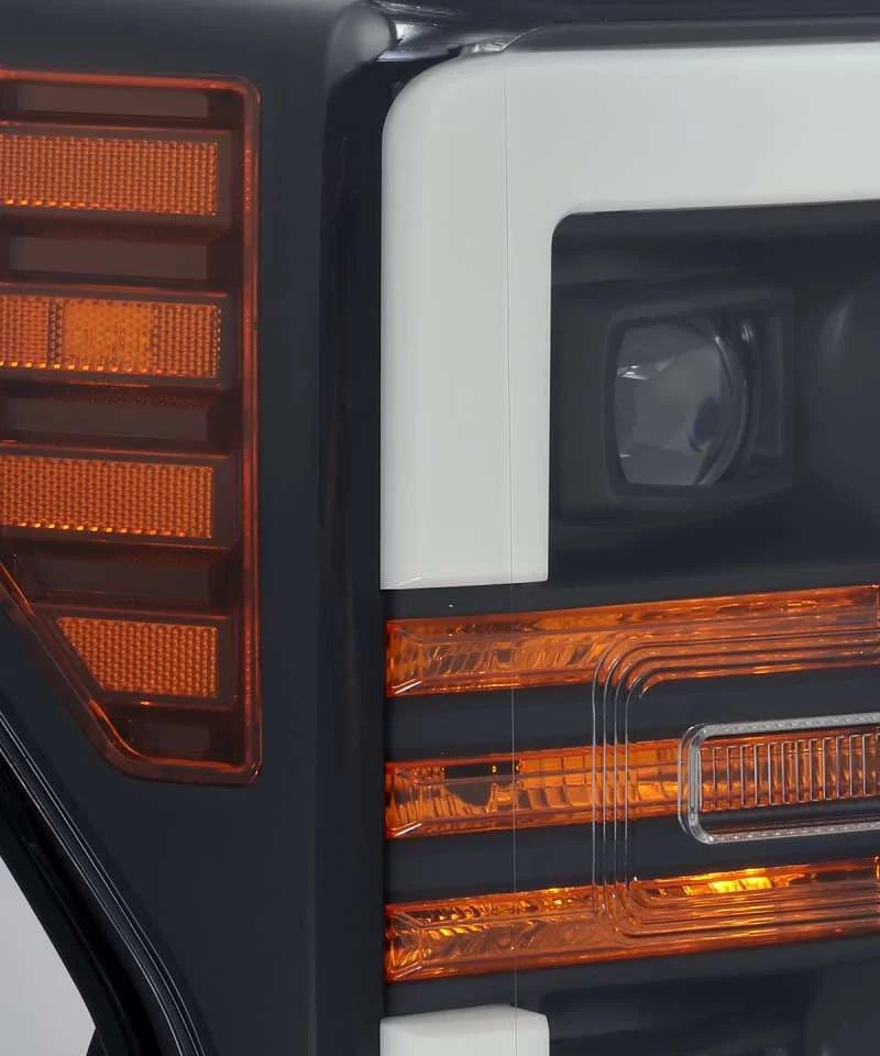 AlphaRex 17-19 Ford F-250 SD PRO-Series Proj Headlight Plnk Style Matte Blk w/Activ Light/Seq Signal - Installation View