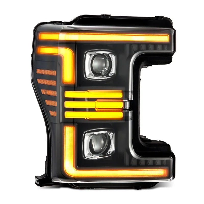 AlphaRex 17-19 Ford F-250/350/450/550  Super Duty PRO-Series Proj Headlights Black w/SeqSig & DRL - Back View