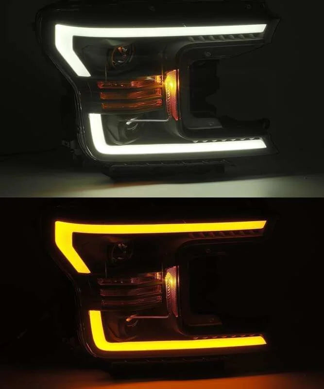 AlphaRex 18-20 Ford F-150 LUXX LED Proj Headlights Plank Style Chrome w/Activ Light/DRL - Detail View