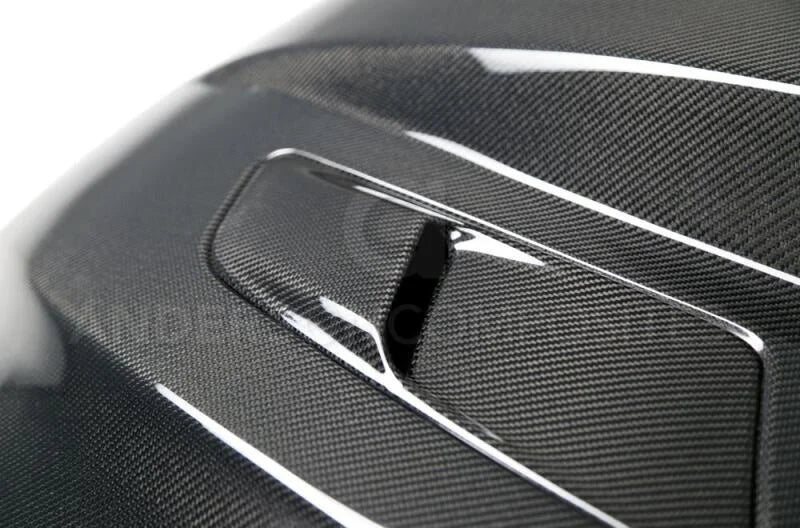 Anderson Composites 15-17 Ford Mustang (Excl. GT350/GT350R) Double Sided Carbon Fiber Cowl Hood - Installation View