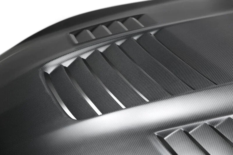 Anderson Composites 15-19 Ford Mustang Shelby GT350 Type-CR Double Sided Carbon Fiber Hood - Installation View