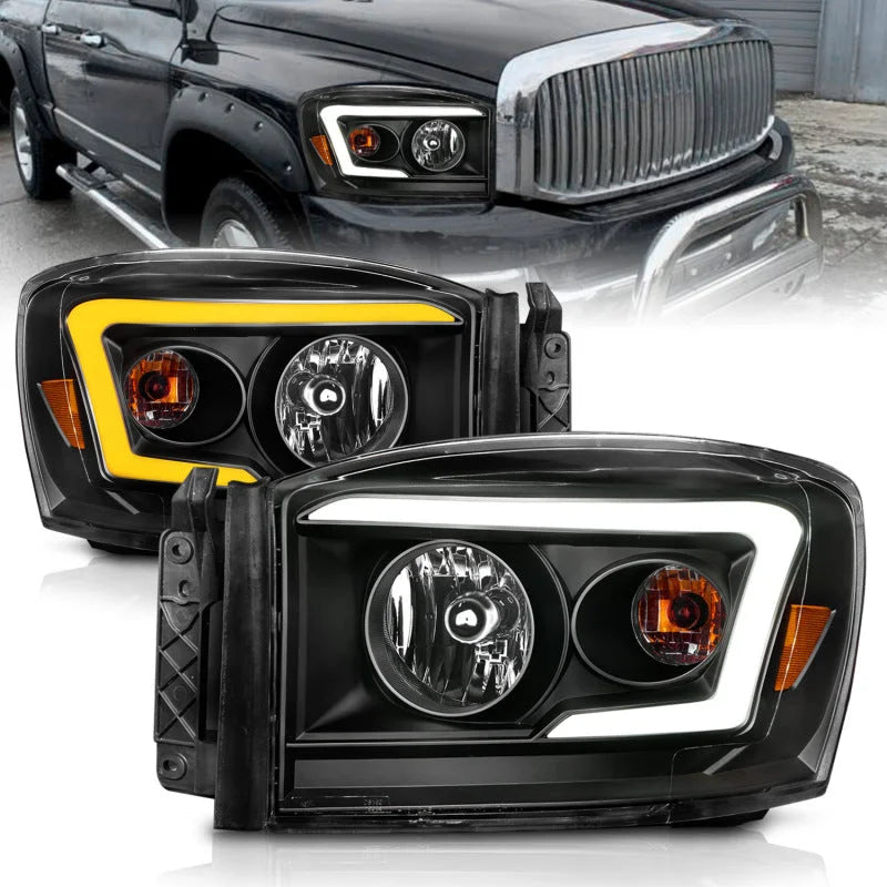 Anzo 06-09 Dodge RAM 1500/2500/3500 Headlights Black Housing/Clear Lens (w/Switchback Light Bars) - Main Product View
