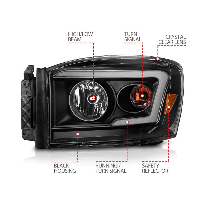 Anzo 06-09 Dodge RAM 1500/2500/3500 Headlights Black Housing/Clear Lens (w/Switchback Light Bars) - Additional View 5