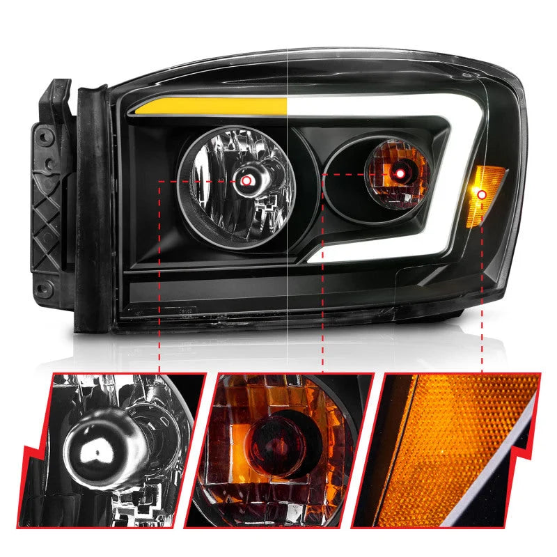 Anzo 06-09 Dodge RAM 1500/2500/3500 Headlights Black Housing/Clear Lens (w/Switchback Light Bars) - Additional View 7
