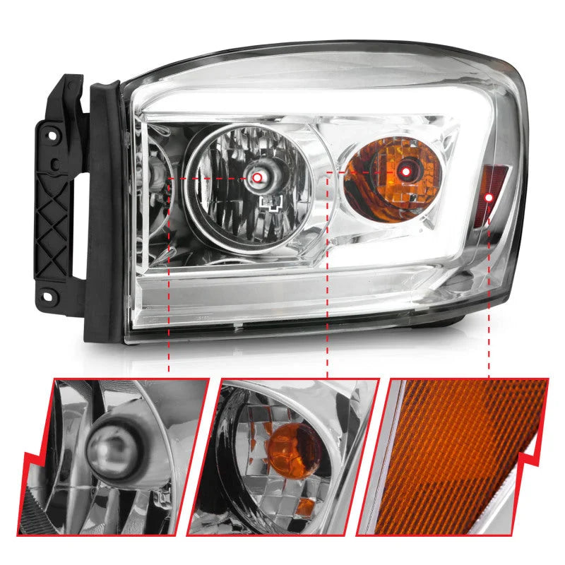 Anzo 06-09 Dodge RAM 1500/2500/3500 Headlights Chrome Housing/Clear Lens (w/ Light Bars) - Additional View 6