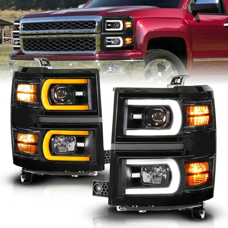 Anzo 14-15 Chevy Silverado 1500 Black Dual Switchback+Sequential LED Tube Sq. Projector Headlights - Main Product View