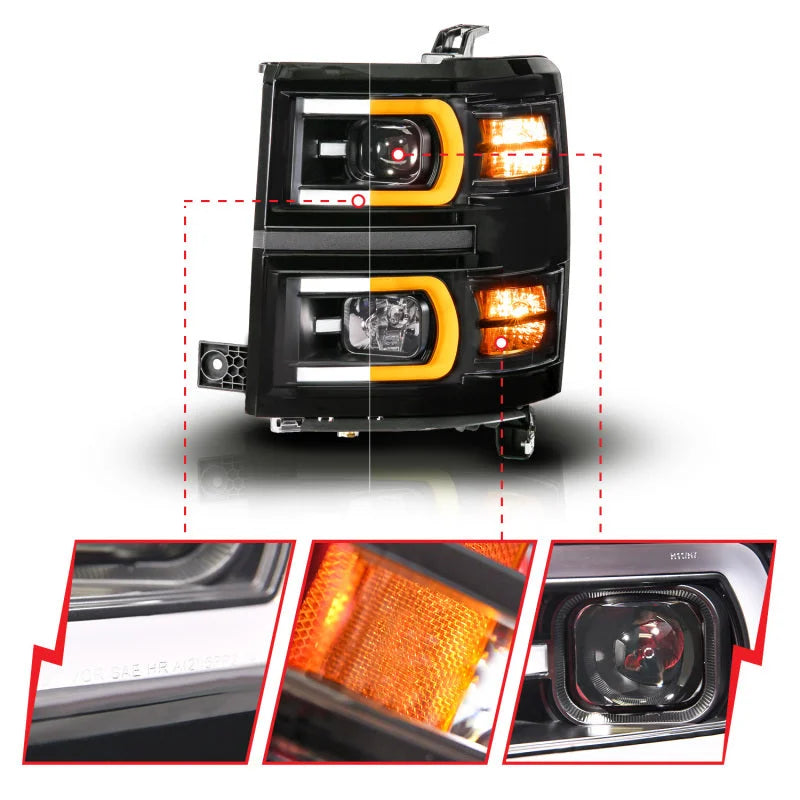 Anzo 14-15 Chevy Silverado 1500 Black Dual Switchback+Sequential LED Tube Sq. Projector Headlights - Side View