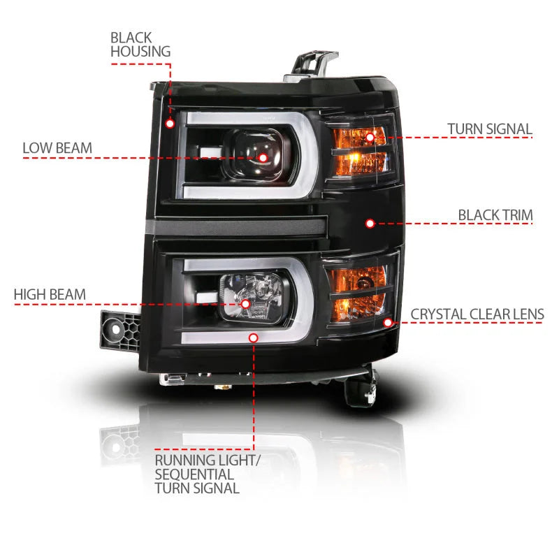Anzo 14-15 Chevy Silverado 1500 Black Dual Switchback+Sequential LED Tube Sq. Projector Headlights - Additional View 6