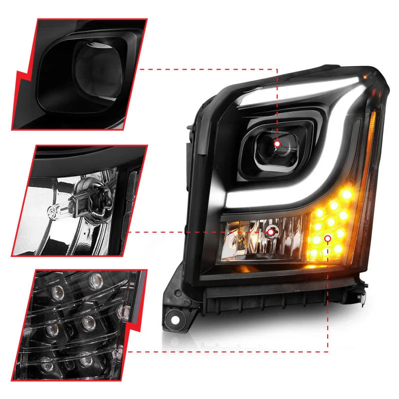 Anzo 15-17 GMC Yukon/Yukon XL Projector Headlights Black Housing/Clear Lens (w/ Light Bars) - Back View