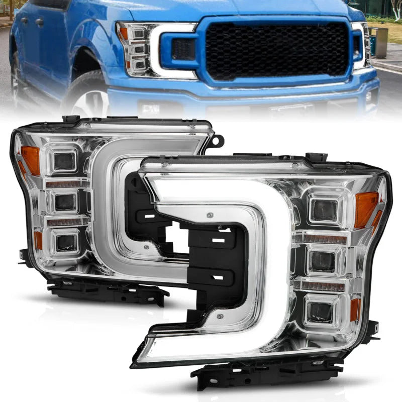 Anzo 18-20 Ford F-150 Full Led Projector Light Bar Style Headlights - Chrome Amber - Main Product View