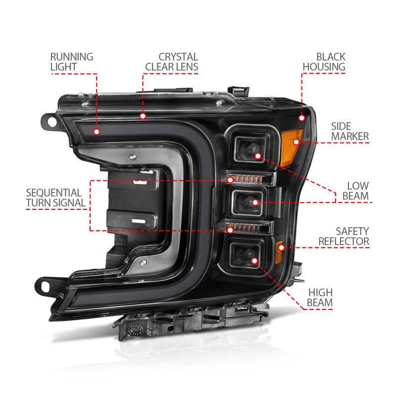 Anzo 18-20 Ford F-150 Full Led Projector Smoke Bar Style Headlights Black Amber - Installation View