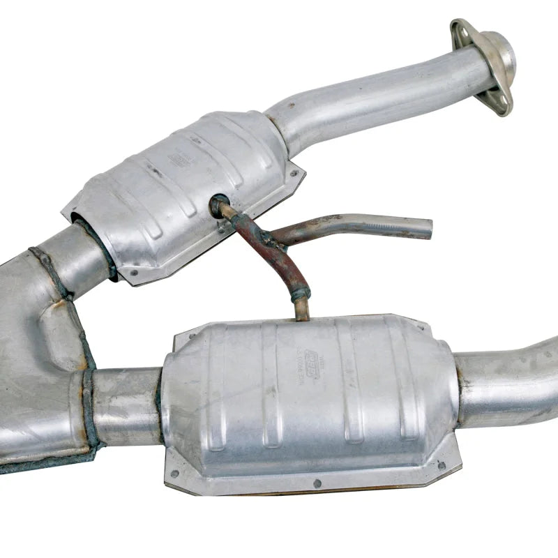 BBK 79-93 Mustang 5.0 Short Mid X Pipe w Catalytic Converters 2-1/2 For Automatic Long Tube Headers - Back View