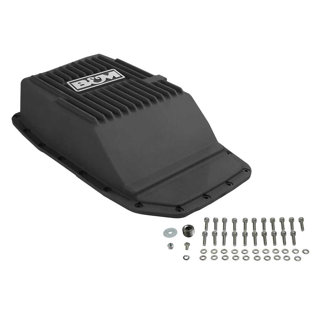 B&M B&M Hi-Tek Deep Transmission Pan - Black Aluminum fits 2009-2021 Ford F-150 / F-250 Super Duty - Back View