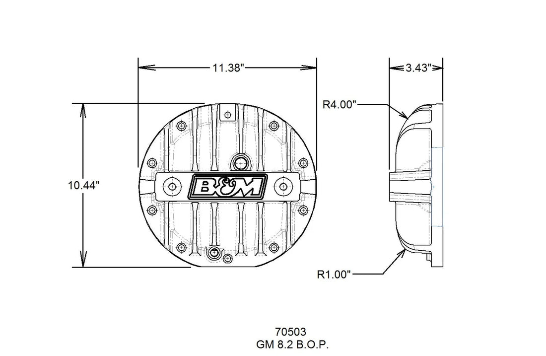 B&M Hi-Tek Aluminum Differential Cover - 8.2-inch BOP fits GM 10-Bolt - Side View