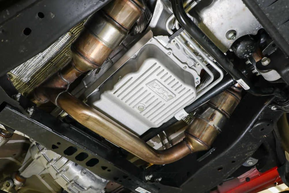 B&M Hi-Tek Heavy Duty Deep Transmission Pan - 10L80 - Aluminum - Natural 70401 fits GM - Installation View
