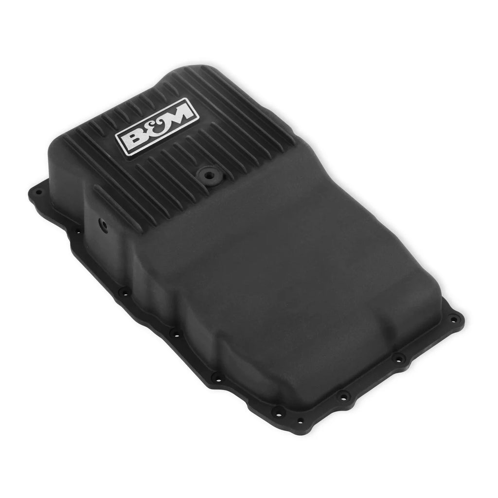 B&M Hi-Tek Heavy-Duty Deep Transmission Pan - Aluminum - Black Anodized fits GM 10L80 - Back View