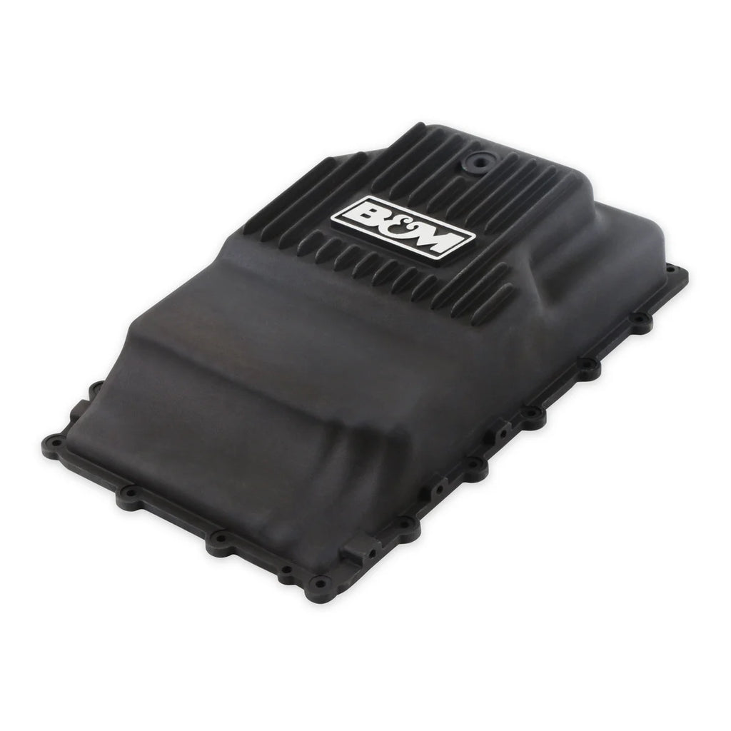 B&M Hi-Tek Heavy-Duty Deep Transmission Pan - Aluminum - Black fits Ford 10R80 - Side View