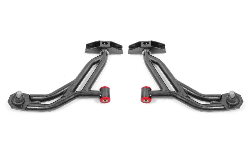 BMR 10-14 Ford Mustang Adj. Lower A-Arms Delrin/Rod End w/ 19mm STD. Ball Joint - Black Hammertone - Side View