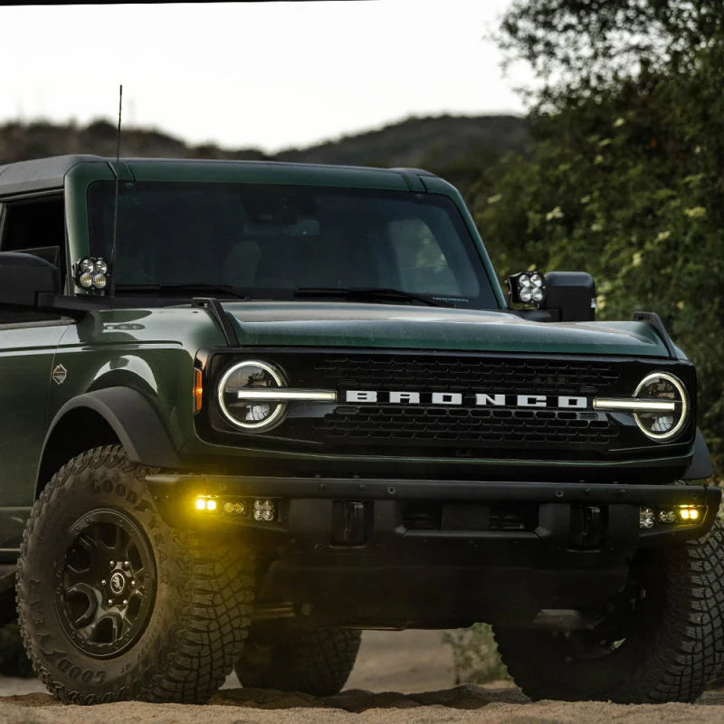 Baja Designs 21-22 Ford Bronco w/Steel Bumper S2 SAE Sportsmen Fog Pocket Light Kit - Amber - Side View
