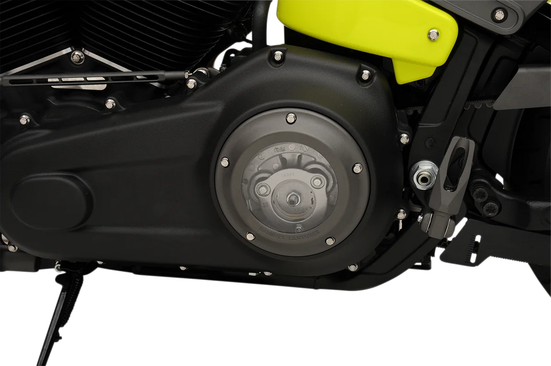 Barnett Derby Cover - Black/Clear - '07-'18 Big Twin 343-30-44013 - Side View