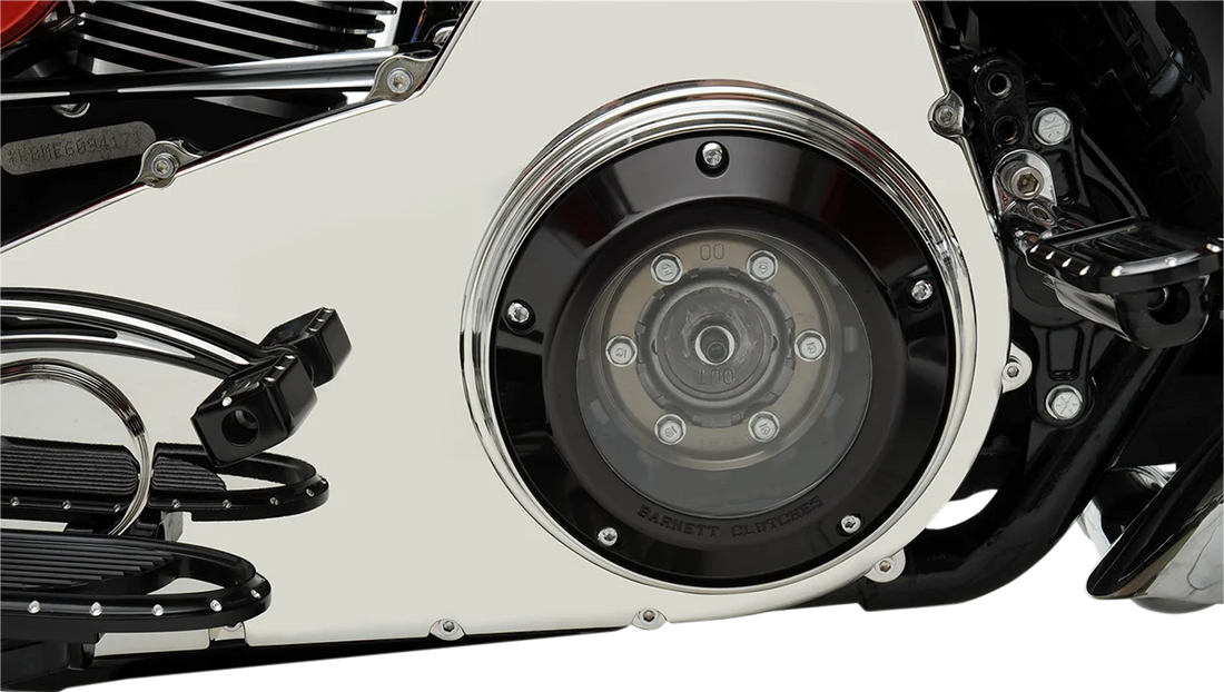 Barnett Derby Cover - Black/Clear - '07-'18 Big Twin 343-30-44013 - Back View