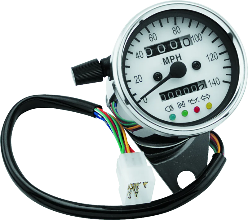 Bikers Choice 2.5 Inch Chrome 2:1 Universal Mini Speedo w LED Indicators White Face 140 Mph