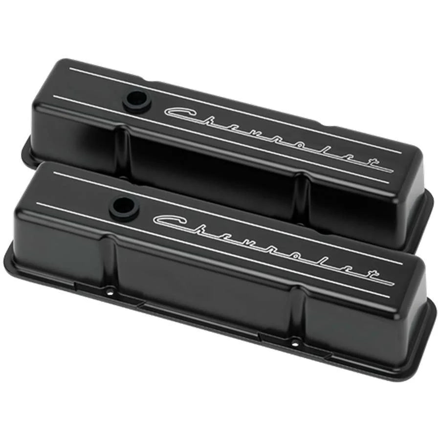 Billet Specialties Tall Valve Covers Chevrolet Script Black fits SBC