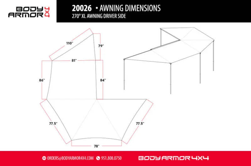 Body Armor 4x4 Sky Ridge 270XL Awning Driver Side w/ Mounting Brackets - Side View