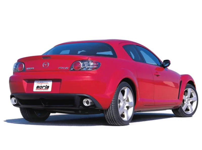 Borla 03-09 Mazda RX-8 1.3L Single Round Rolled Angle-Cut Cat-Back Exhaust - Back View