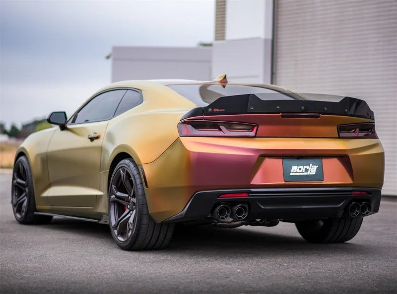 Borla 16-17 Chevy Camaro 6.2L 4in Dual CF Tips w/Black Core Dual Split Exit ATAK Catback Exhaust - Detail View