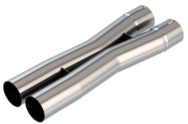 Borla 2.5in Universal X-Pipe 3.21in Inlet Centerline 3.45in Outlet Centerline 27.63in OAL - Side View