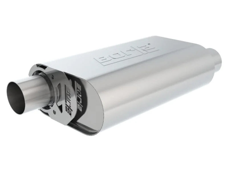 Borla CrateMuffler SBC 283/327/350 2.25 inch Offset In/Out 14in x 4.35in x 9in Oval S-Type Muffler - Side View