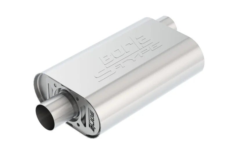 Borla CrateMuffler SBC Hot 350/383 2.5 inch Offset/Center 14in x 4.35in x 9in Oval Muffler - Side View
